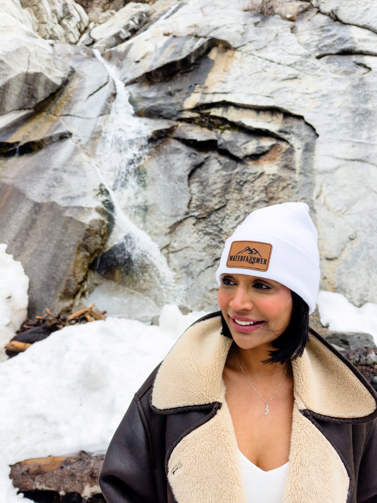 White Beanie with Leather Waterfallower Patch