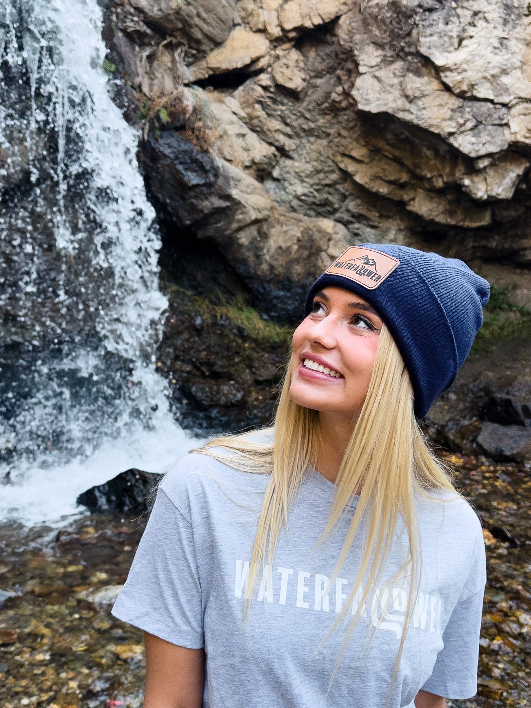 Blue Beanie with Waterfallower Leather Patch