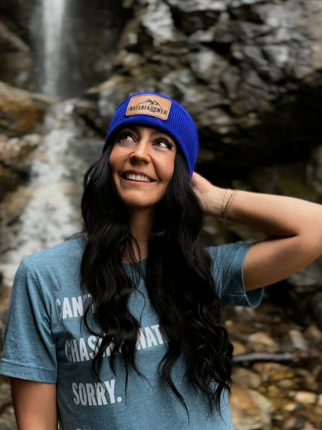 Blue Beanie with Waterfallower Leather Patch