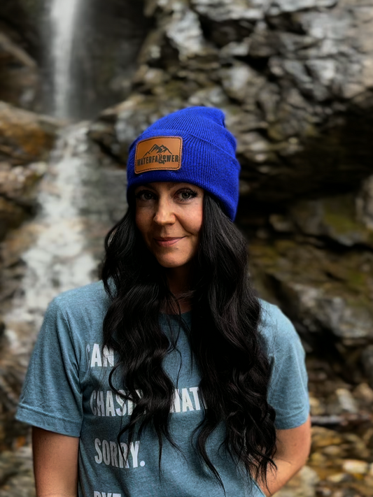 Blue Beanie with Waterfallower Leather Patch