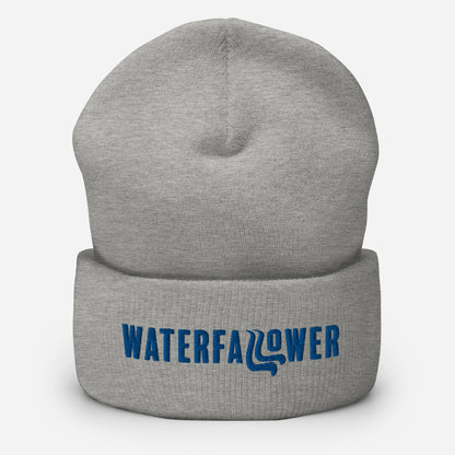 A gray beanie with the text 'WATERFALLOWER' in white capital letters on the cuff.